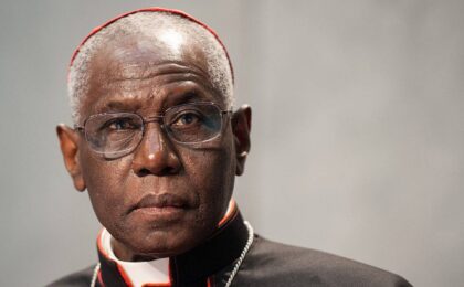 Cardinale Robert Sarah durante la conferenza al Parlamento europeo